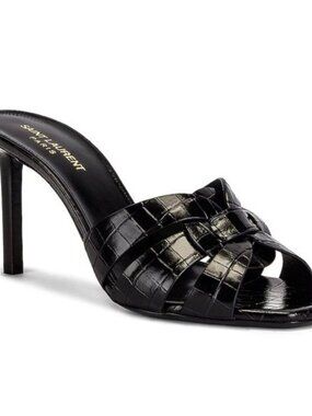 Saint Laurent Tribute Mules Black Embossed Crocodile Leather Size 39